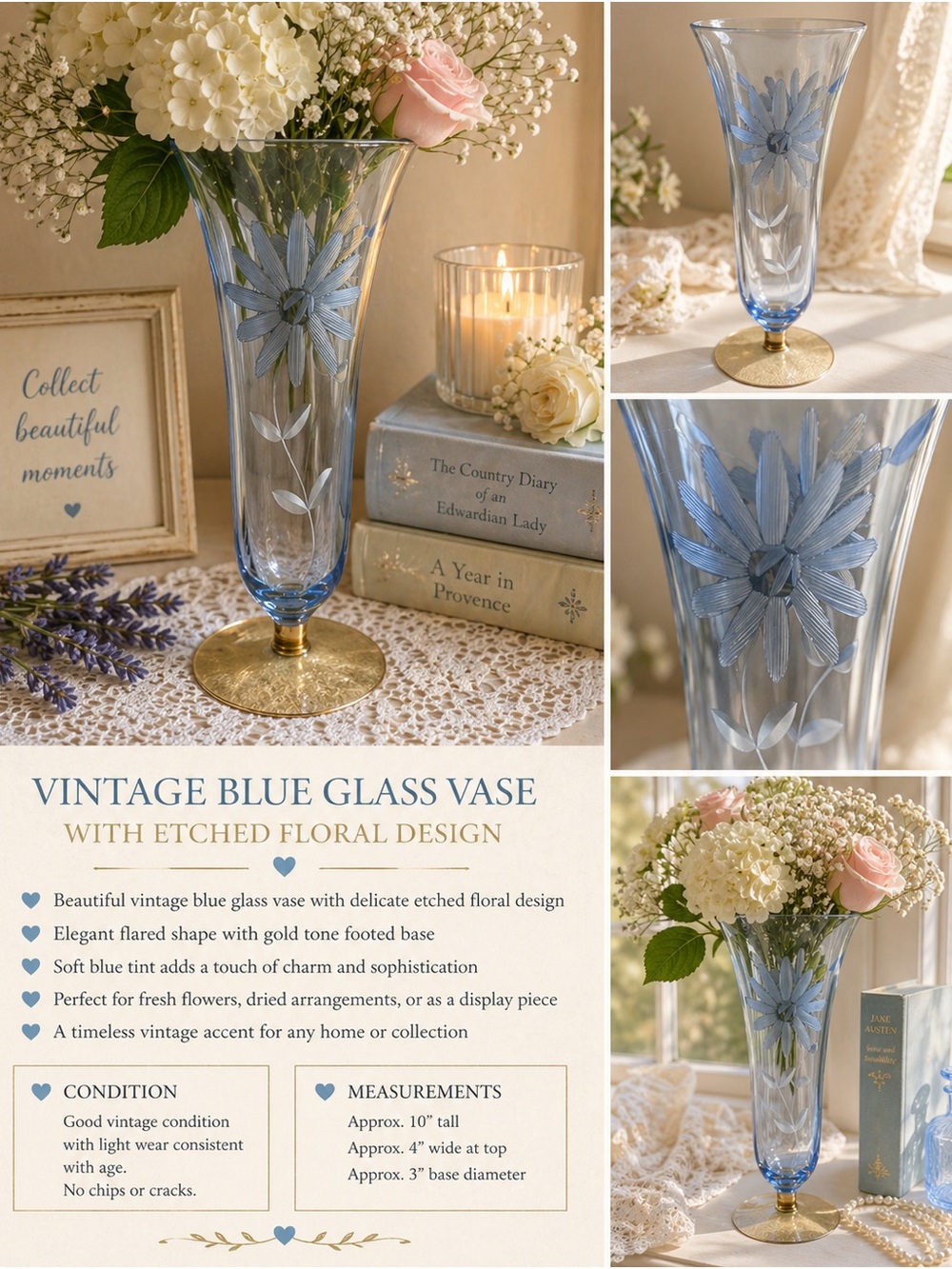 Blue Etched Floral Glass Vase with Gold Footed Base